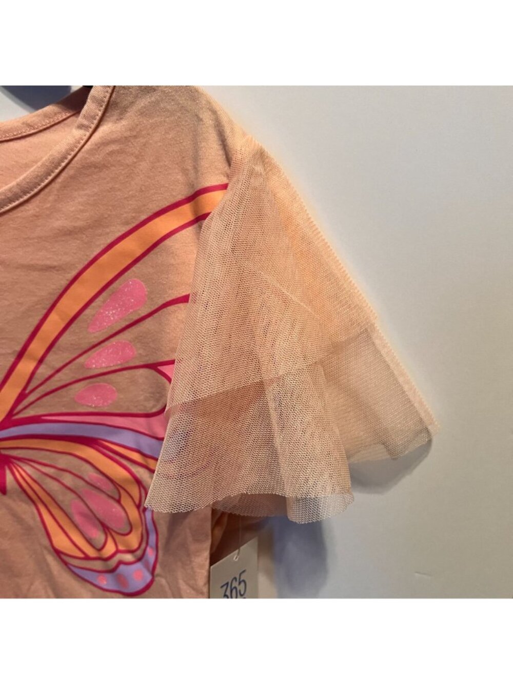 365 Kids From Garanimals Girls Peach Butterfly Tulle Sleeve T-Shirt Size 8 - Picture 2 of 4